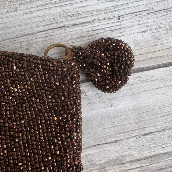 VTG Bag By Josef Beaded Clutch Purse Bronze Metallic Zip Top Evening Glam Disco - Picture 7 of 12